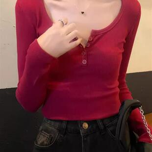 ins纯欲辣妹半开领长袖打底t恤女衫春秋螺纹修身纽扣长袖上衣小衫