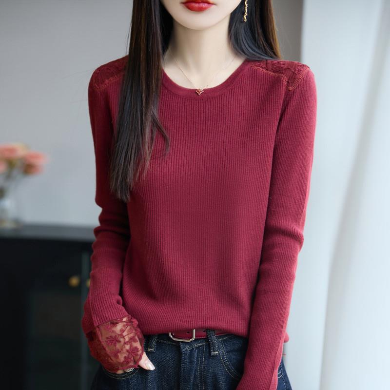 精纺羊毛针织打底衫女式圆领套头上衣早秋新款修身显瘦内搭毛衣潮