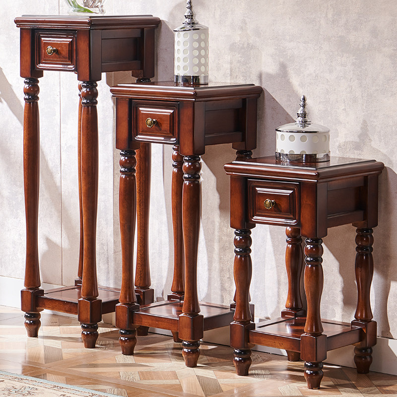 美式简约花架实木花几客厅欧式花架子落地带抽屉花盆架室内置物架