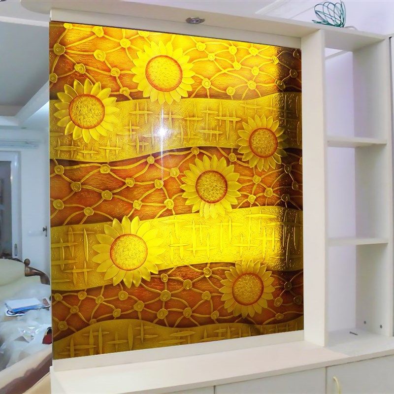 定制钢化透光双面门芯雕刻工艺术玻璃玄关隔断屏风画背景墙向日葵