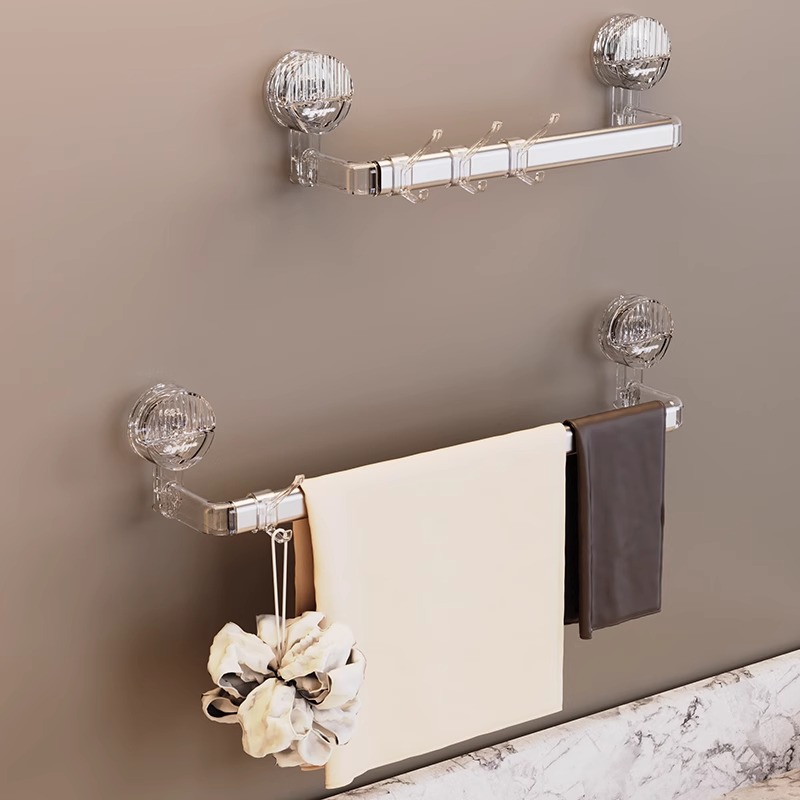 毛巾架卫生间免打孔置物架一体浴室吸盘挂架浴巾收纳架子单杆挂杆