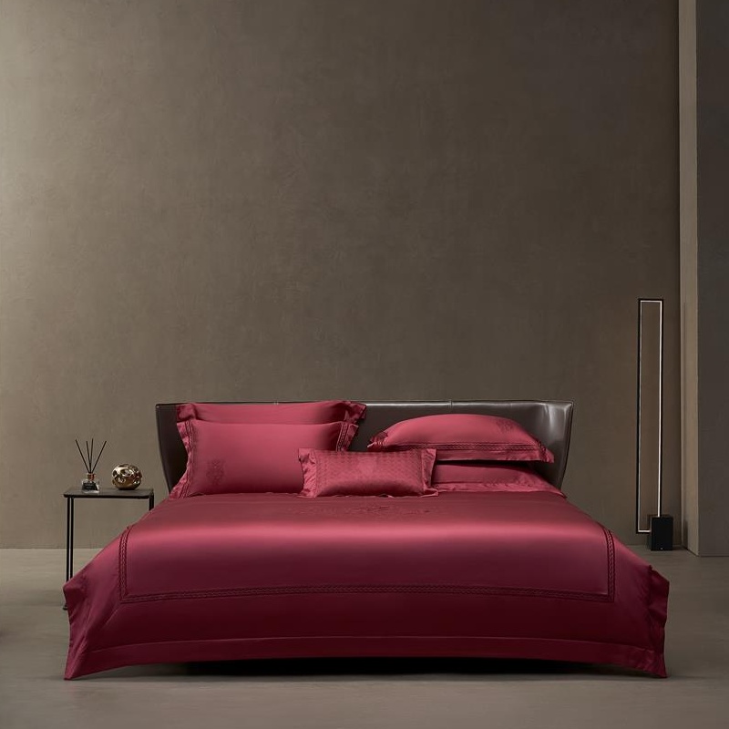 结婚四件套纯棉140支缎面刺绣红色床单被套婚庆高端婚嫁床上用品