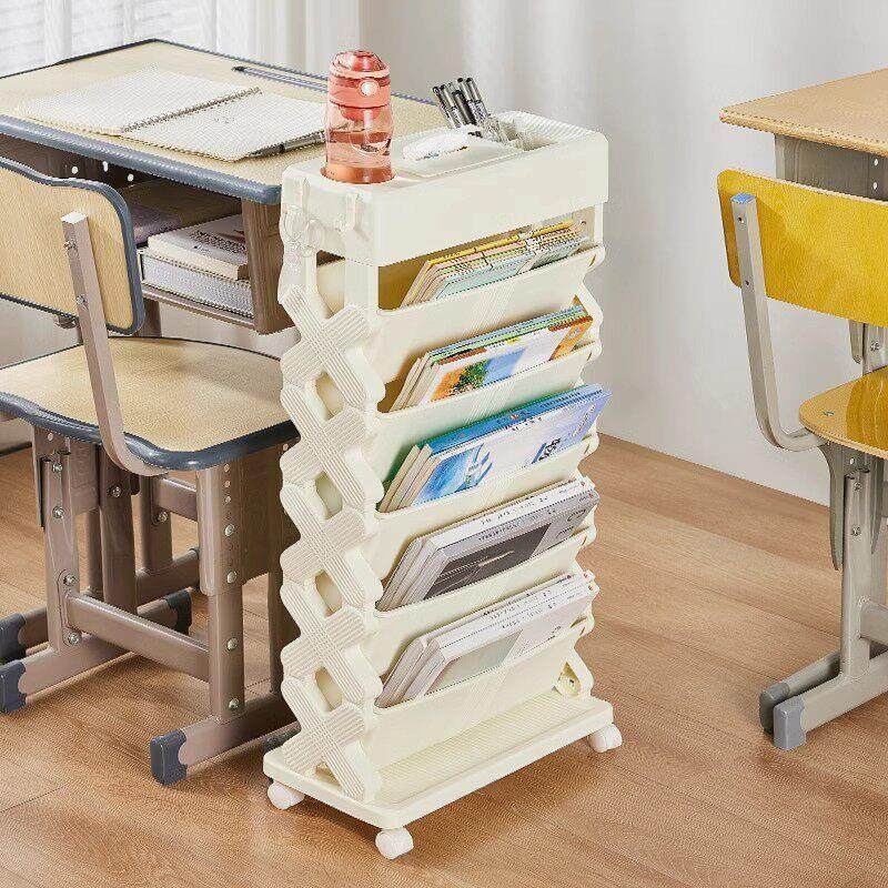 可移动小书架室内桌边资料收纳架带轮置物架教室课桌旁学生书立架