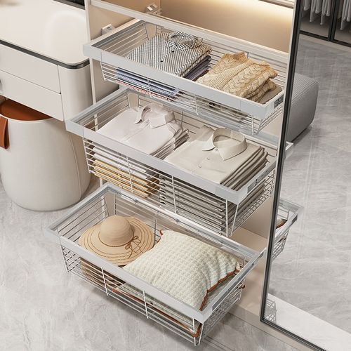 衣柜拉篮抽屉式伸缩带滑轨衣橱帽间分层内部O改造收纳储物抽拉裤