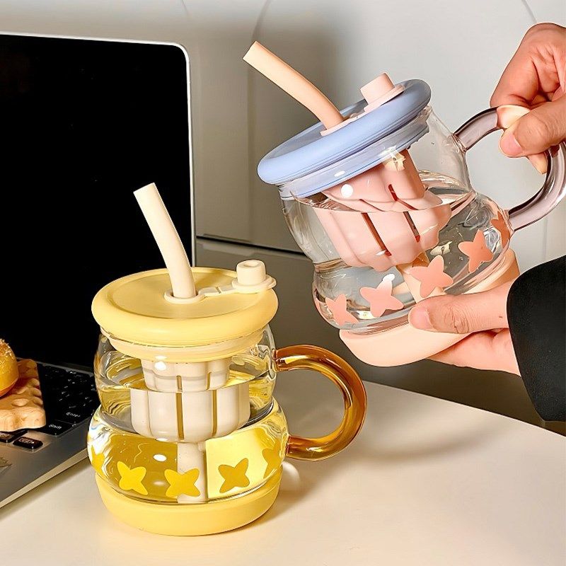 黄色高颜值女生夏季办公室耐热玻B璃杯带茶仓把手吸管大容量水杯,餐饮具,玻璃杯,淘宝优惠券,粉丝福利购,淘宝优惠卷