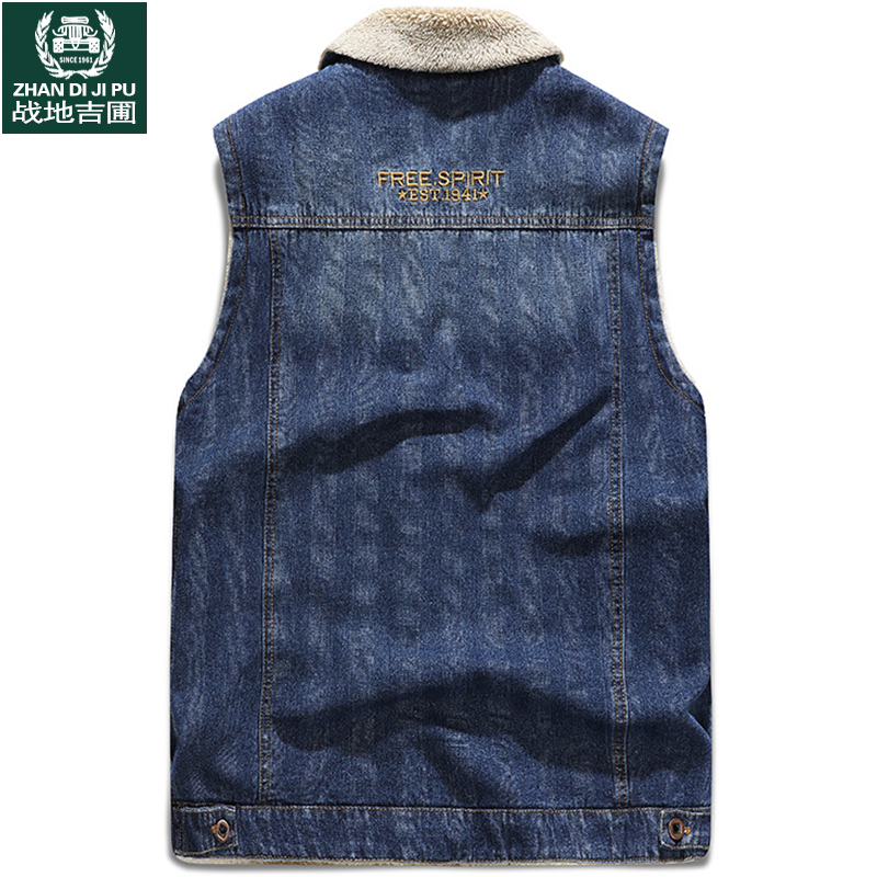 秋冬牛仔马甲男加绒加厚背心羊羔毛外套工装N多口袋坎肩钓鱼马夹