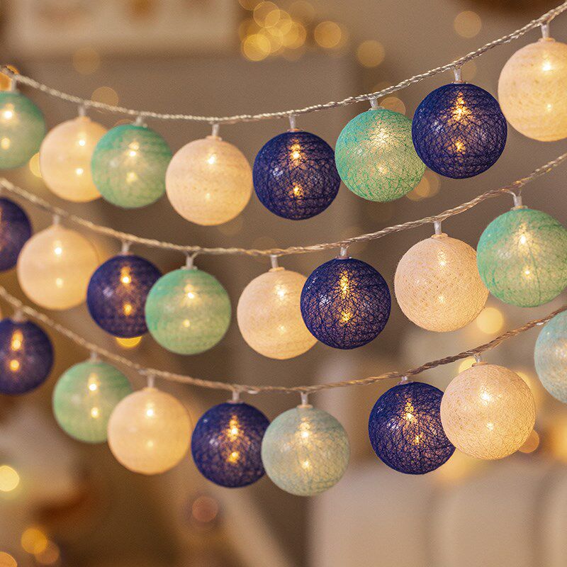 棉线球灯串灯六一儿童房间装饰布置帐篷ledN氛围灯彩灯闪灯露营灯