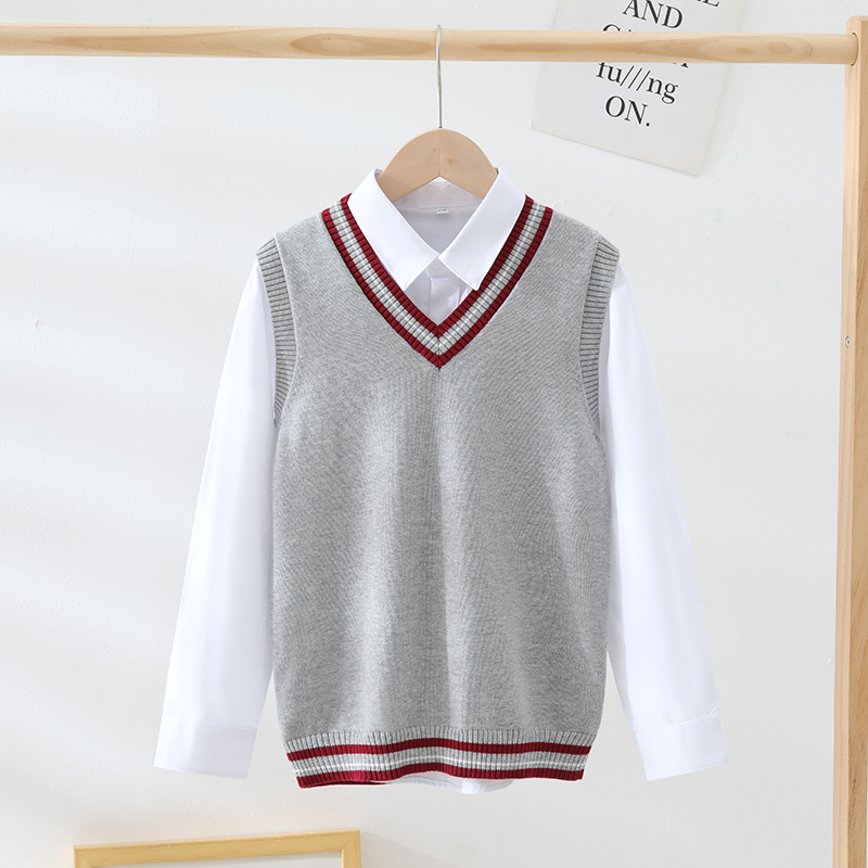 男女儿童马甲春秋2022新款女宝白色条纹外穿套头灰色W纯棉毛衣背