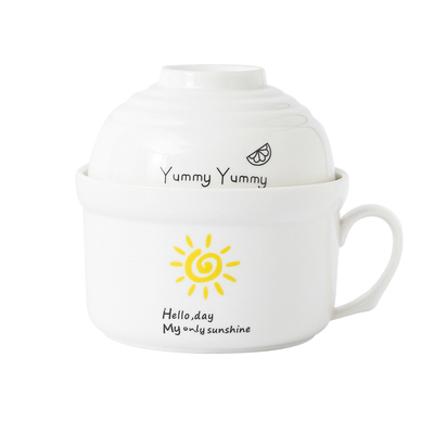 带盖碗饭盒上班族泡面碗带手柄陶瓷汤H碗学生宿舍瓷碗方便面碗饭