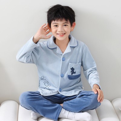 中大童儿童睡衣秋冬新款开衫款洋气男G孩海岛绒套装男童短绒家居