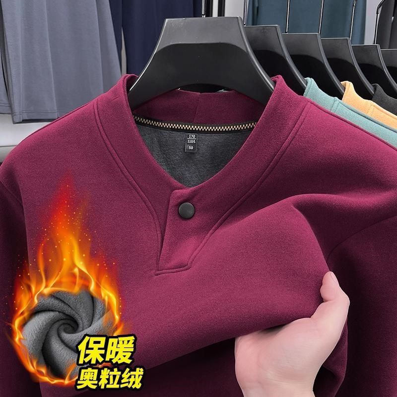 2024新c款男士V领钮扣德绒卫衣冬季加绒加厚保暖上衣一体绒打底衫