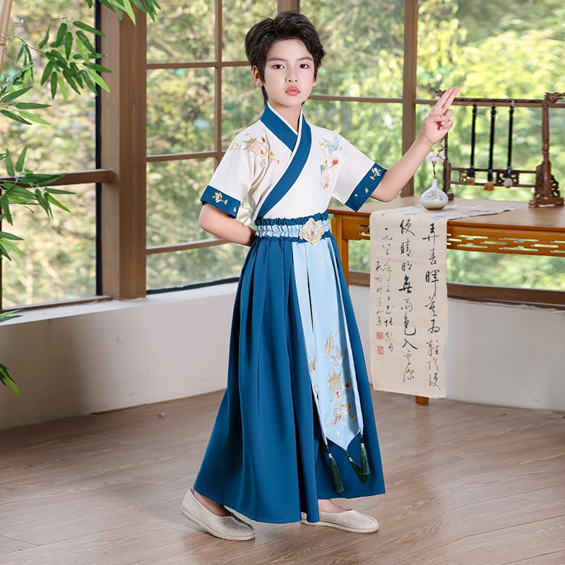 男童汉服2024新款秋季国学服男孩古风中国风短袖S刺绣书生儿童宋