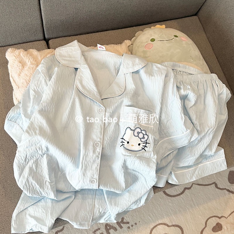 蓝色KT猫d睡衣女款春秋夏季云朵棉长袖短袖短裤套装可爱少女家居