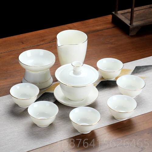 正品羊脂玉白瓷功夫茶家用套茶装客陶瓷盖碗茶杯具中式复古厅大号