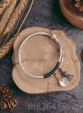 正品银手镯女古9法9纯银复古实心流苏吊古宫铃坠民族风风推拉拢银