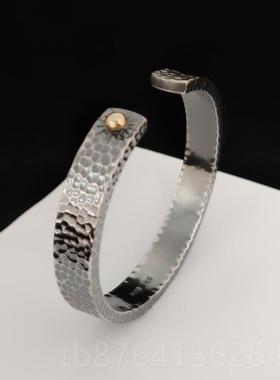 正品仿古做旧面锤痕99足印银手镯平手工原创纯银手镯丽江雪花锤银