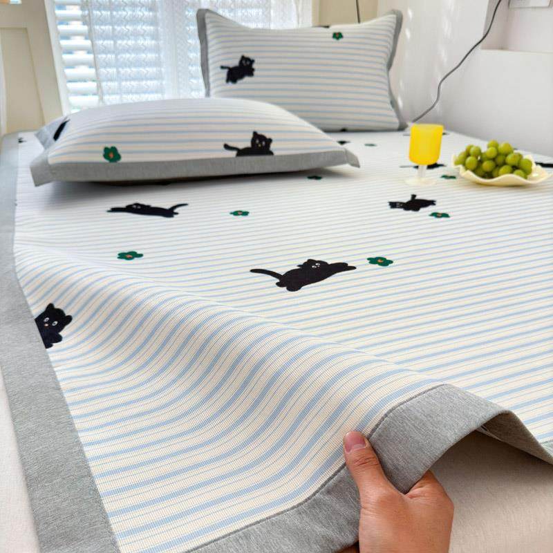 简约ins条纹可爱小猫A类冰丝席三件套1.2m床凉席可机洗空调凉席软
