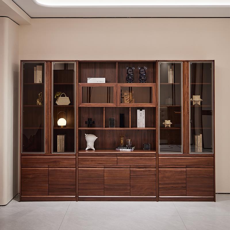 东南亚柚木组合书柜落地全实木满墙书柜意式两门书橱玻璃门置物柜