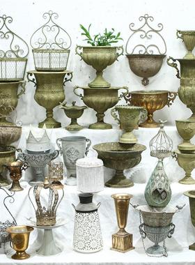 欧式法式覆古做旧铁艺奖杯花盆花园装饰高脚花器摆件园艺桌面杂货