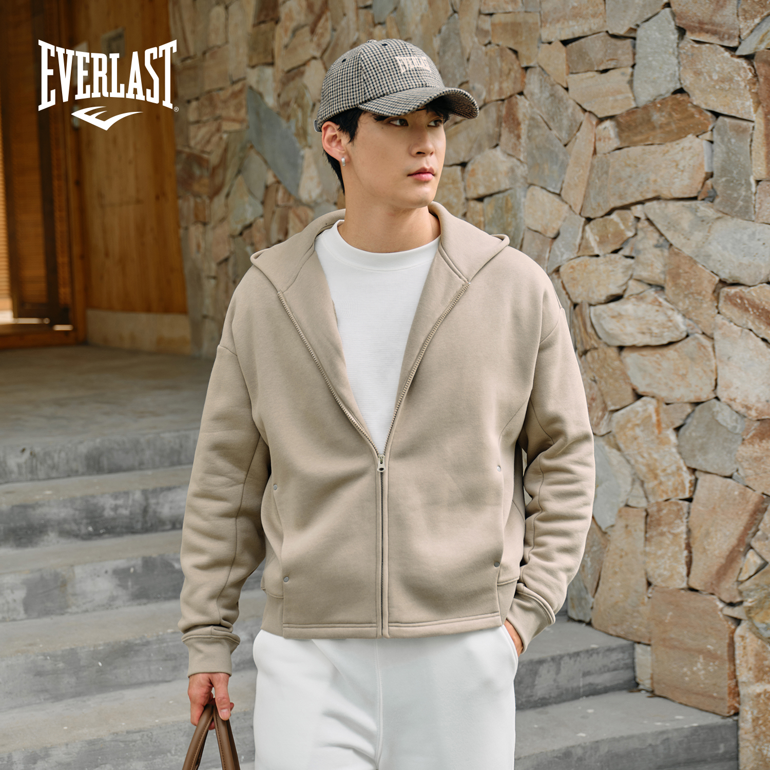 美国EVERLAST拳击运动休闲宽松街头潮流卫衣卡其加绒落肩连帽外套