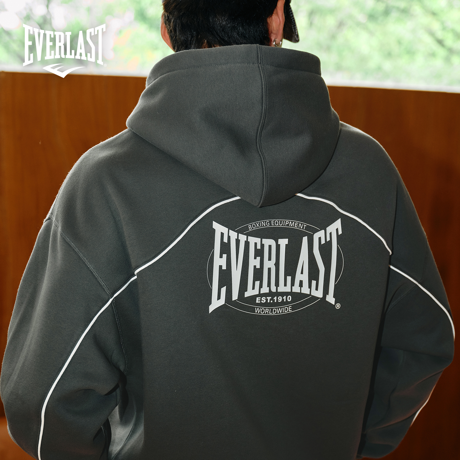美国EVERLAST拳击运动美式复古宽松男女款深灰色落肩加绒连帽卫衣