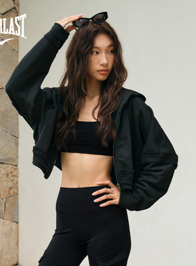 美国EVERLAST拳击高街运动短款露腰连帽卫衣黑色宽松纯棉女款卫衣