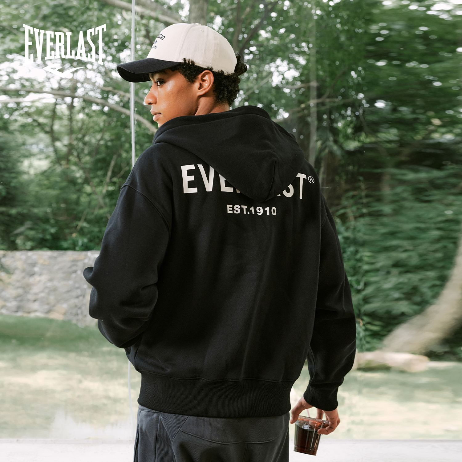 美国EVERLAST拳击美式运动休闲黑色开衫卫衣复古简约加绒连帽外套
