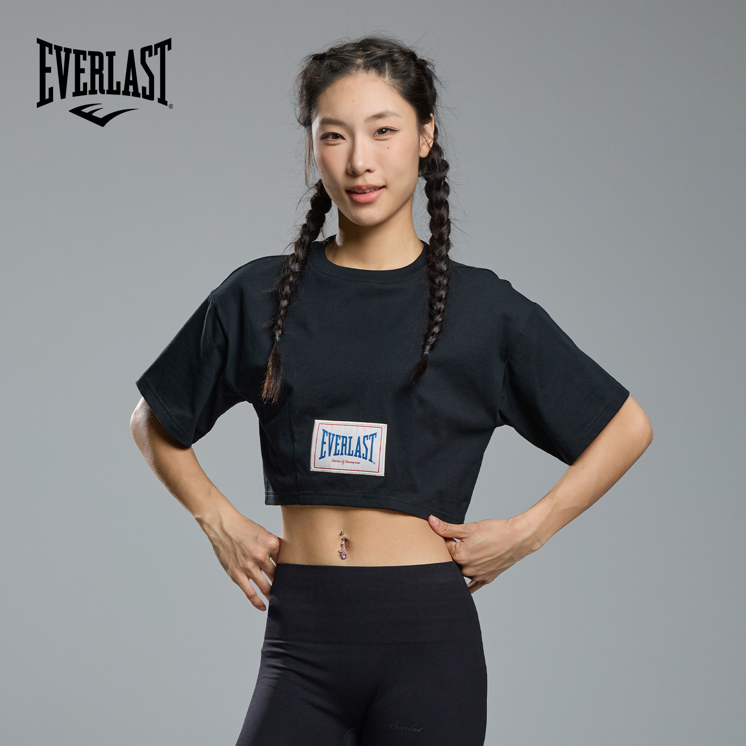 美国EVERLAST拳击运动训练服女短款露脐上衣健身瑜伽跑步短袖t恤