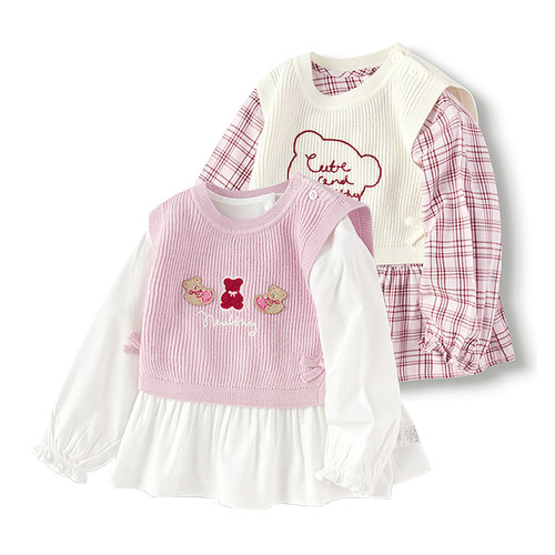 巴拉巴拉女幼小童套装秋季长袖格子衬衫针织背心2件201325102004