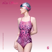 鎏酸粉红色竞速泳衣性感豹纹连体泳衣女竞速专业游泳衣吊带式