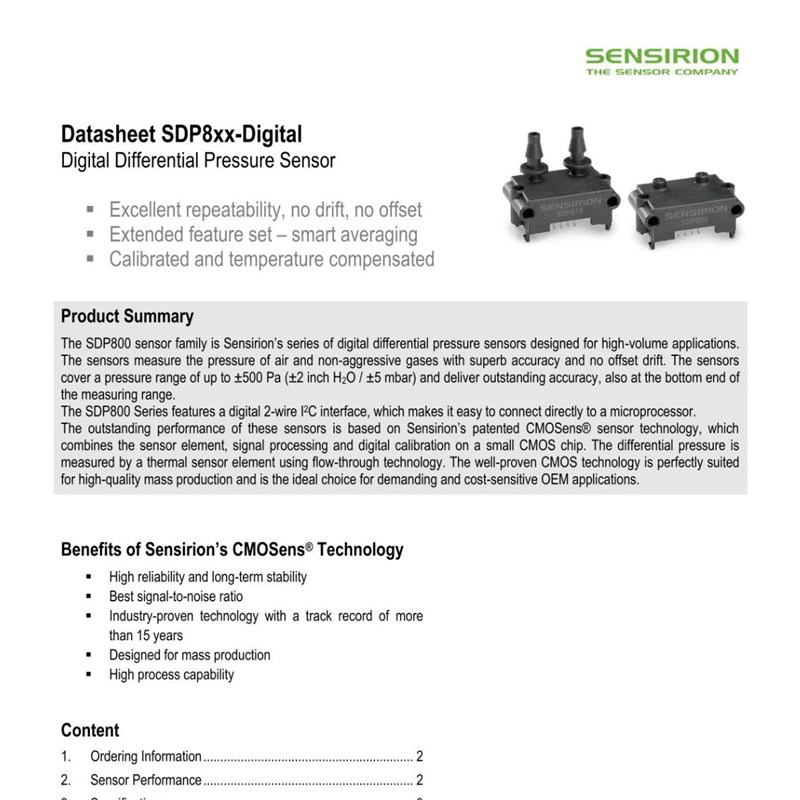 数字差压传感器 SDP810-125Pa 瑞士原装进口盛思锐SENSIRIN