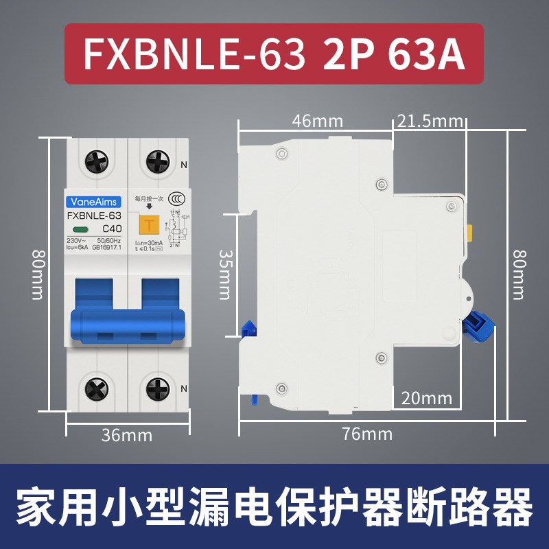 小型漏电保护器2P63A32a空气开关断路器DZ47电闸家用两位空开漏保