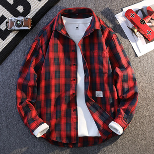 红色格子衬衫男长袖衬衣春秋新款宽松休闲潮流百搭程序员上衣外套