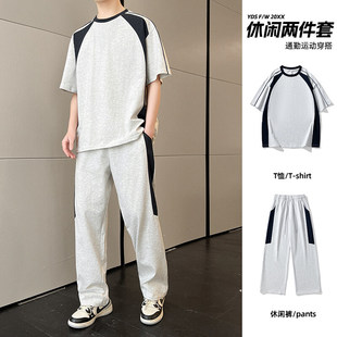 短袖T恤男夏季基础款简约宽松版运动浅灰色圆领上衣裤子两件套装t