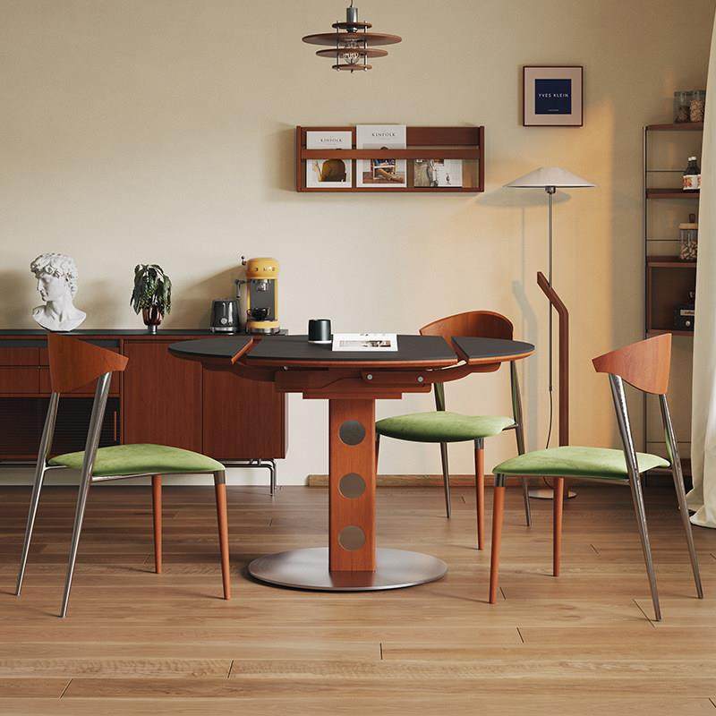 包豪斯圆形岩板餐桌可变圆桌小户型法式复古实木方圆两用功能餐台