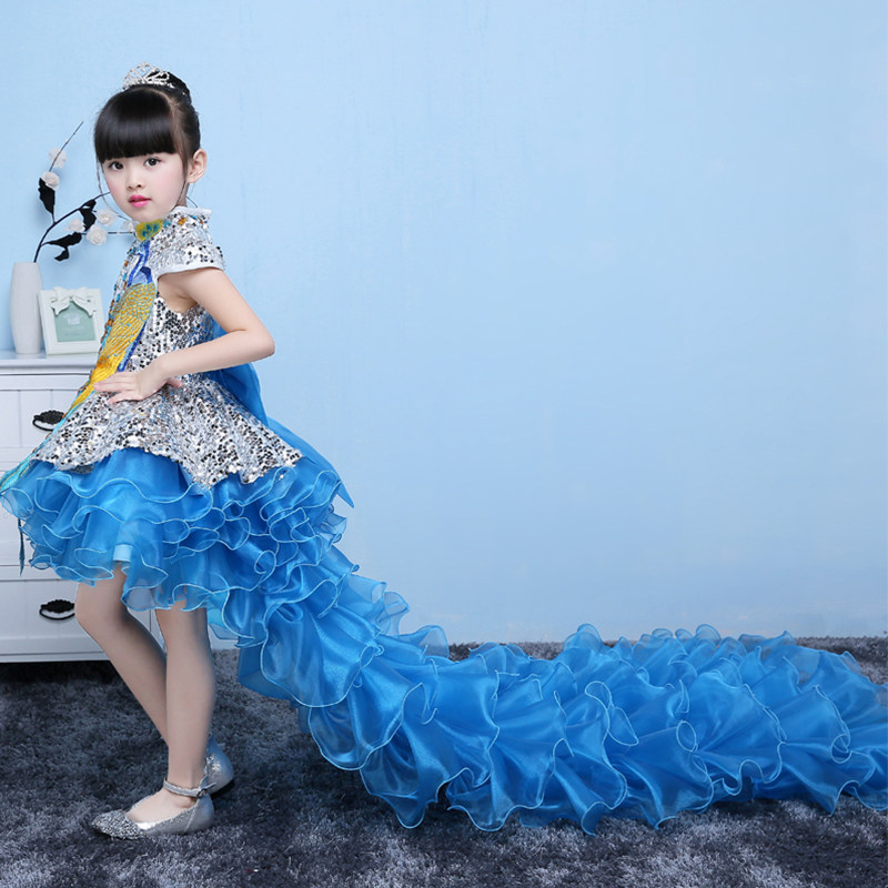 六一节儿童舞蹈服小女孩公主裙孔雀超长拖尾裙晚礼服婚纱演出表演