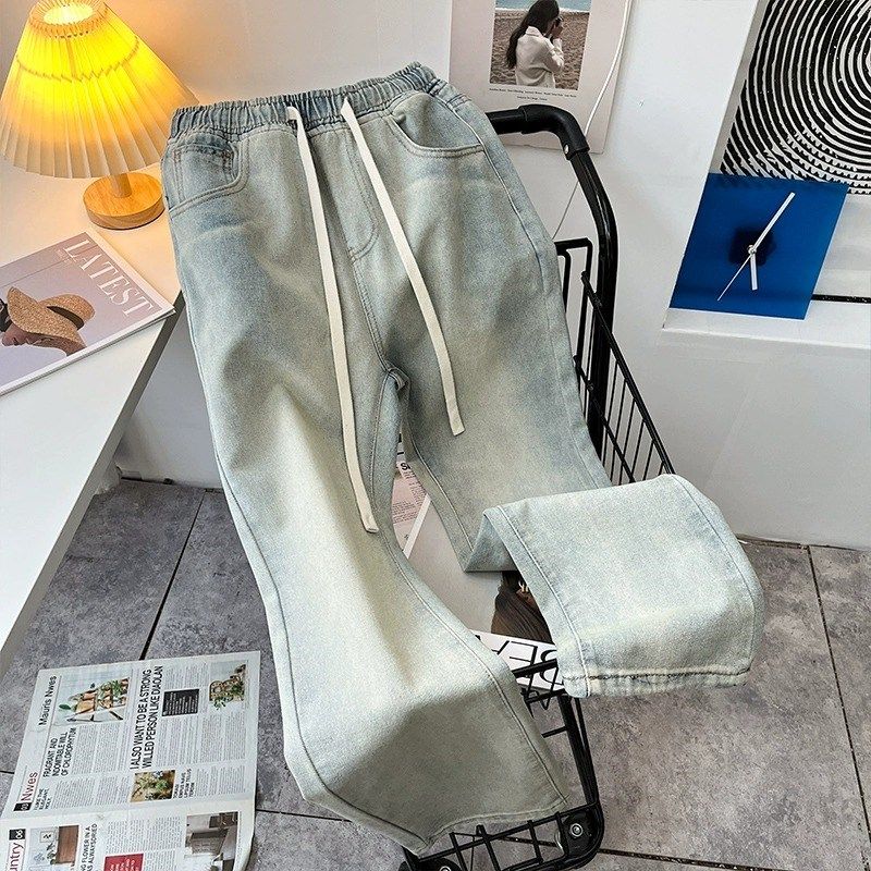 黄泥窄版牛仔裤女秋季新款学生小个子直筒美式阔腿松紧腰九分裤子,女装/女士精品,牛仔裤,淘宝优惠券,粉丝福利购,淘宝优惠卷