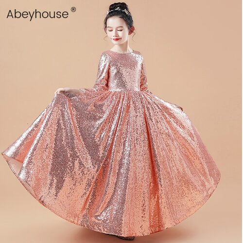 女童钢琴演出服中大童十岁生日公主裙高端亮片长袖儿童主持人礼服