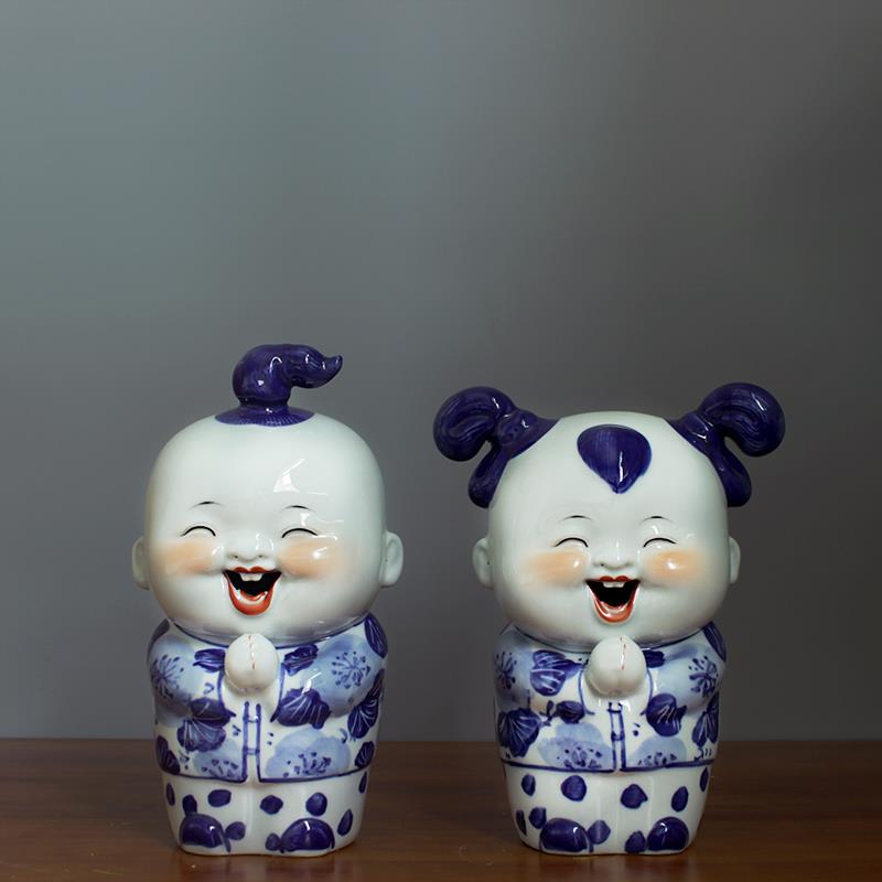 景德镇陶瓷器青花瓷中式人物摆件一对客厅书房书架摆设结婚礼品