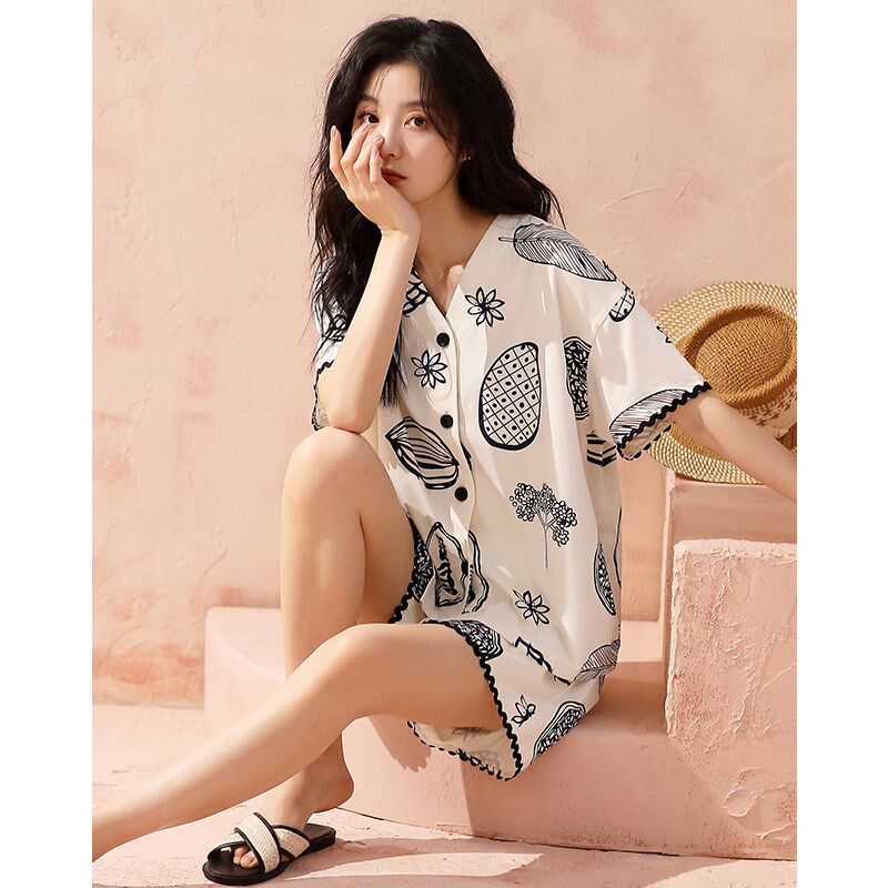 夏季睡衣女款2024新款纯棉短袖短裤夏天时尚开衫v领家居服两件套