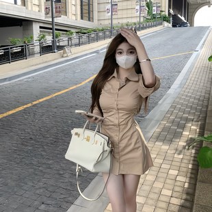 裙女御姐性感收腰褶皱显瘦A字连衣短裙 辣妹设计感Polo领蓝色衬衫