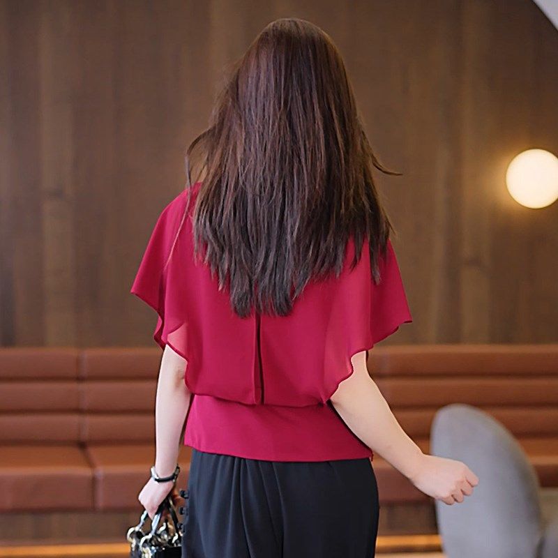 v领雪纺衫女短袖夏季洋气时尚小衫遮肚子短款收腰配阔腿裤的上衣