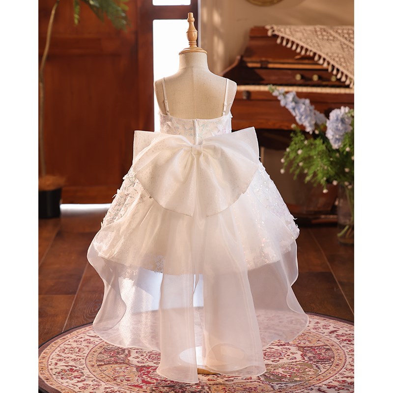 梦幻女童礼服白色亮片主持人走秀钢琴演出短裙生日花童蓬蓬公主裙