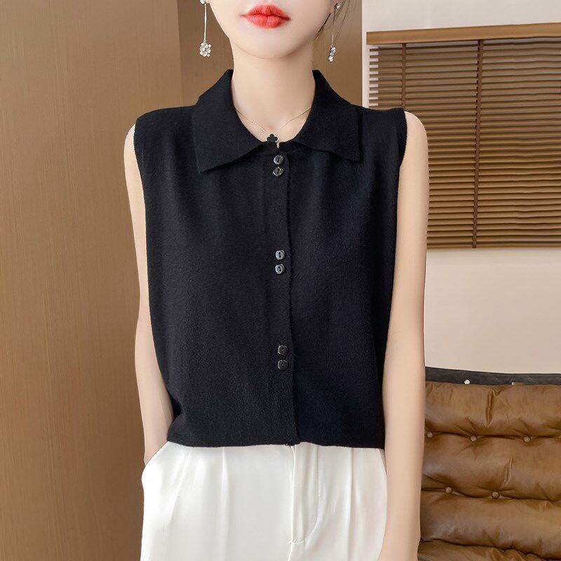 无袖POLO领背心内搭女装高级感翻领针织白色西装打底衫仿羊毛上衣