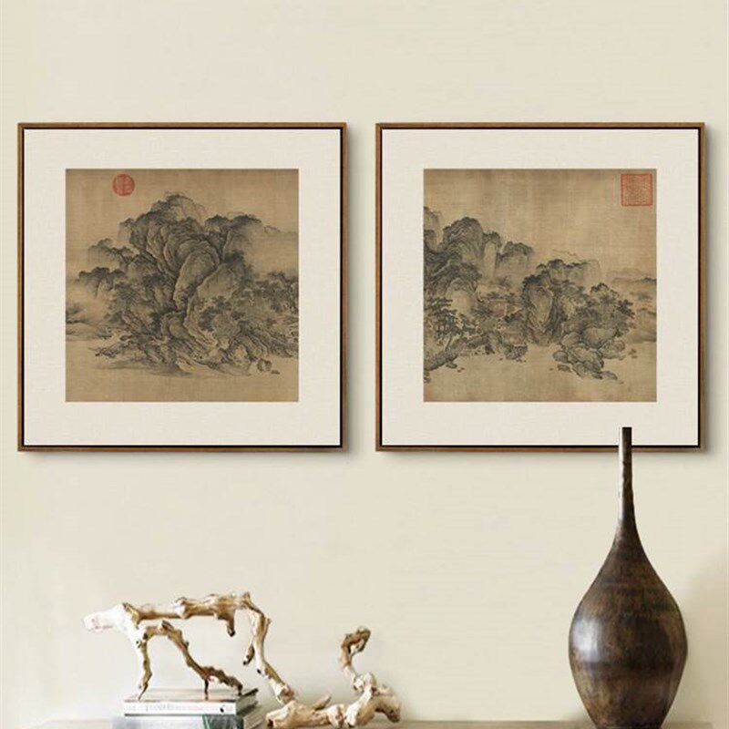 饭厅新中式入户玄关装饰画山水风景组合壁画客厅酒店茶室挂画方形