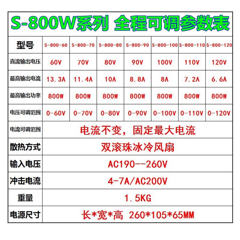 AC220V转0-60V70V110V120V稳压直流可调雕刻机开关电源S-800W-48