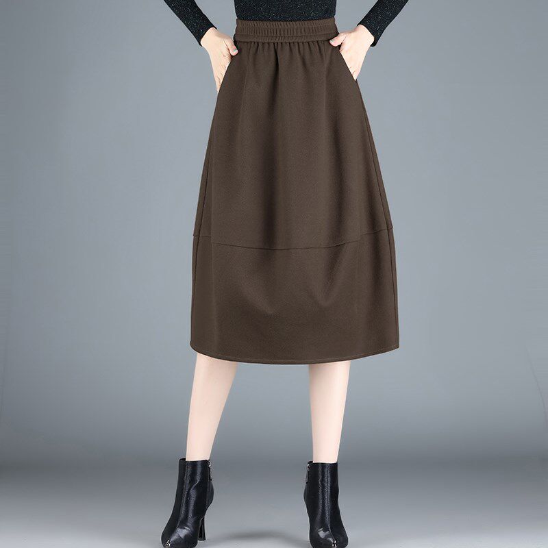 松紧腰毛呢花苞裙女秋冬新款裙子a字半身裙中长款显瘦休闲灯笼裙