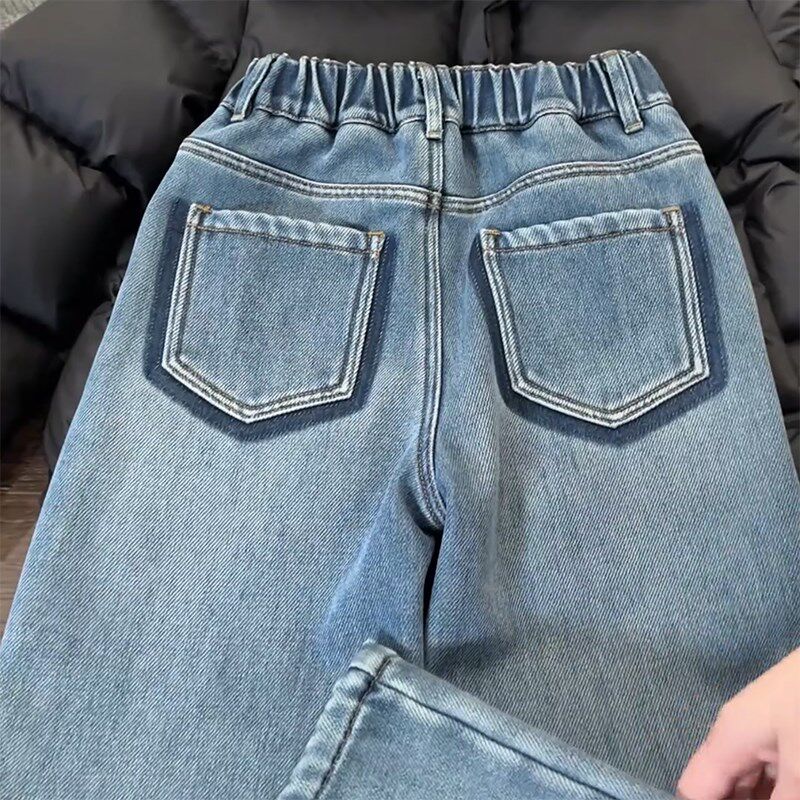 女童加绒裤子秋冬款2024新款儿童冬季加厚一体绒女大童休闲牛仔裤