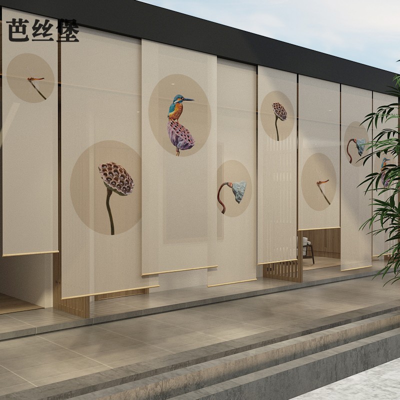 中式卷帘窗帘简约客厅卧室升降布艺茶室家用餐厅房间屏风隔离拉帘