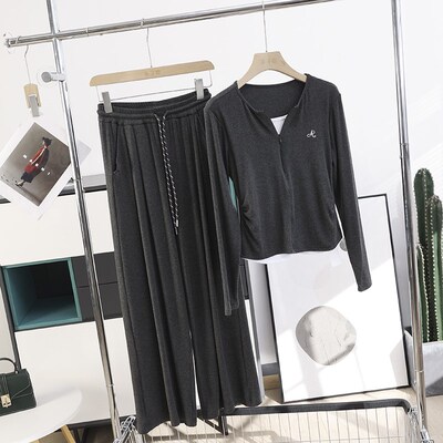 华子家 穿出纸片人!显瘦休闲假两件连帽上衣高腰阔腿裤套装41826